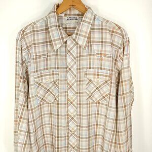 Vintage Amana Snap Front Western Shirt Men's XL Brown Blue Plaid Distressed USA